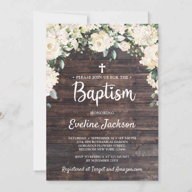 Holzrustikale Vintage Vegetation Weiße Blütentaufe Einladung (Vorderseite)