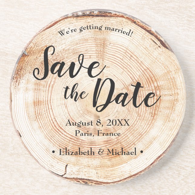 Holzscheibe Save the Date rustikale Hochzeit Getränkeuntersetzer (Vorne)