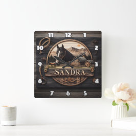 Holzschild mit Pferd und Stall bei Sonnenuntergang Quadratische Wanduhr