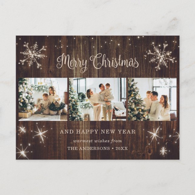 Holzschneeflake 3 FotoCollage Feiertagspostkarte (Vorderseite)