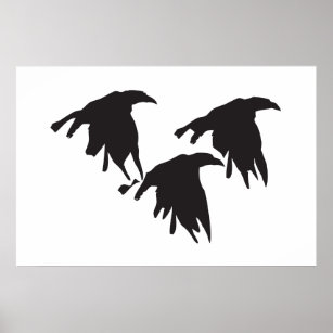 Holzschnitt-Bild von fliegenden Krähen oder Raben Poster