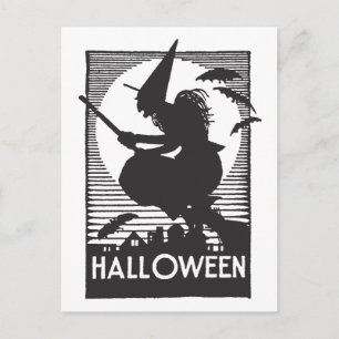 Holzschnitt Halloween Hexe Postkarte
