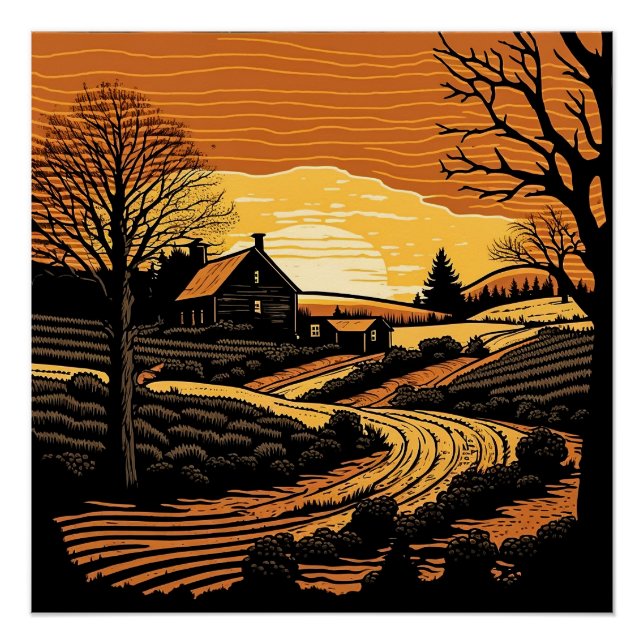 Holzschnitt-Landschaft Poster (Vorderseite)