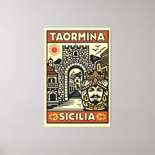 Holzschnitt Rot Gelb Taormina Sizilien Porta Messi Leinwanddruck