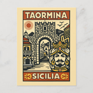 Holzschnitt Rot Gelb Taormina Sizilien Porta Messi Postkarte