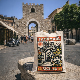 Holzschnitt Rot Gelb Taormina Sizilien Porta Messi Tragetasche
