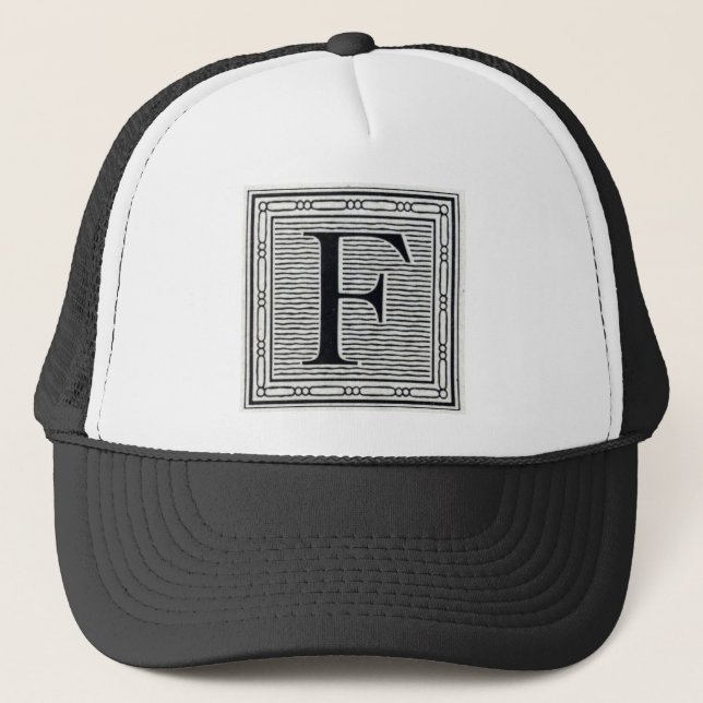 Holzschnitt Woodblock Initiale der Holztype-"F" Truckerkappe (Vorderseite)