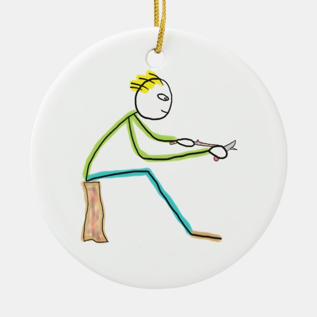 Holzschnitzender Stickman Keramik Ornament (Vorne)