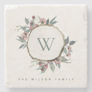 HOLZSLICE PINK BOTANISCHER MONOGRAMM FAMILIENNAME STEINUNTERSETZER