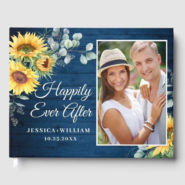 Holzsonnenblume Wasserfarbe Rustikales FOTO Hochze Gästebuch (Vorderseite)