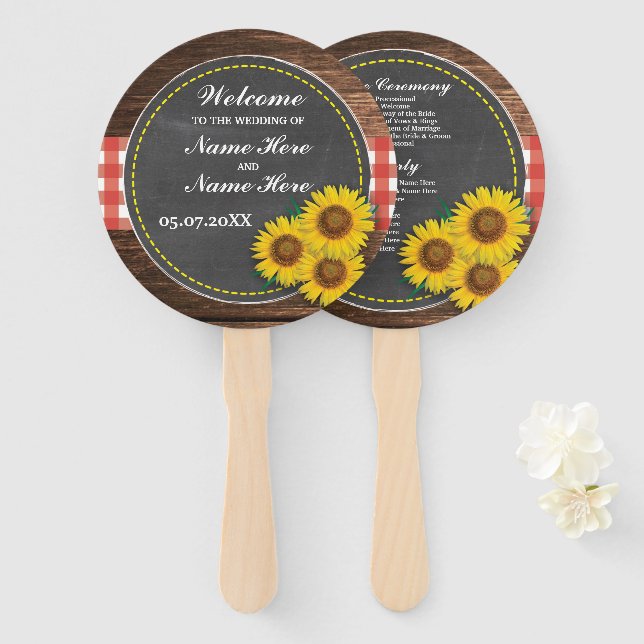 Holzsonnenblumenkhalle Hochzeitsprogramm Handfan Fächer (Vorne und Hinten)