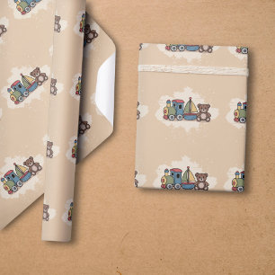 Holzspielzeuge mit Zug, Segelboot und Teddybär Geschenkpapier