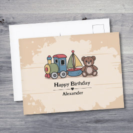 Holzspielzeuge mit Zug, Segelboot und Teddybär Postkarte