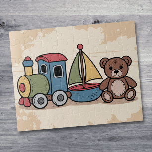 Holzspielzeuge mit Zug, Segelboot und Teddybär Puzzle