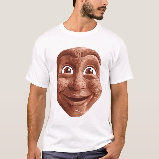 Holzstäbchenmaske mit ausdrucksvollem Lächeln T-Shirt (Vorderseite)