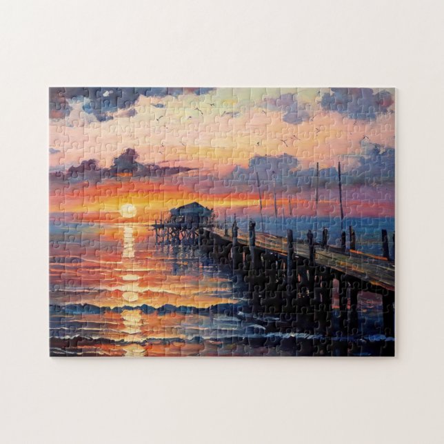 Holzsteg bei Sonnenuntergang Kunstvoll Puzzle (Horizontal)