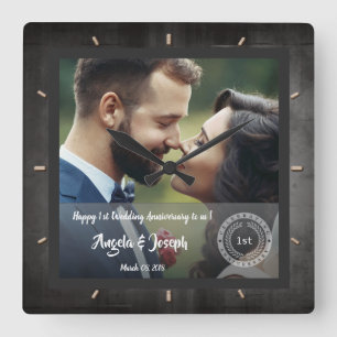 Holzstruktur-Uhr zum 1. Hochzeitstag mit Foto Quadratische Wanduhr