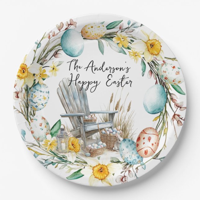 Holzstühle und Ostereier und blumengeschmückte Ost Pappteller (Vorderseite)