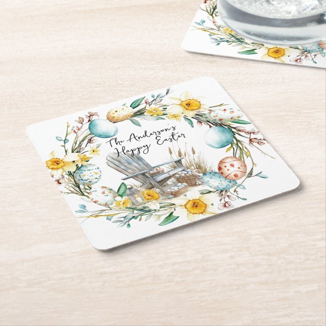 Holzstühle und Ostereier und blumengeschmückte Ost Rechteckiger Pappuntersetzer (angewinkelt)