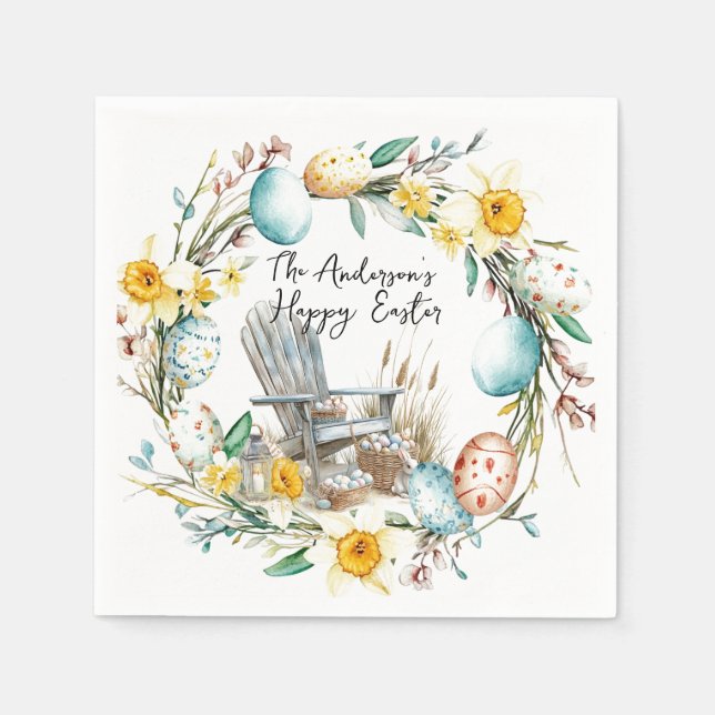 Holzstühle und Ostereier und blumengeschmückte Ost Serviette (Vorderseite)