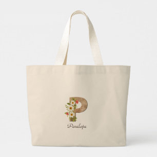 Holztasche mit Blumenmonogramm und Buchstabe P zum Jumbo Stoffbeutel