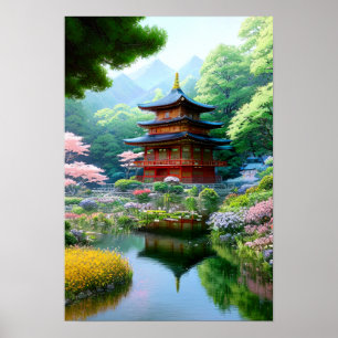Holztempel im japanischen Garten Poster