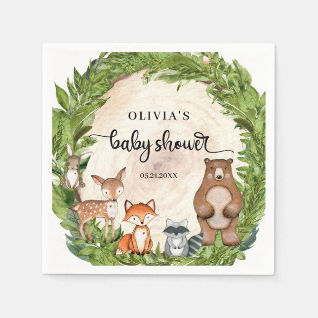 Holztiere Holzschnitzgrün Baby Dusche Serviette (Vorderseite)