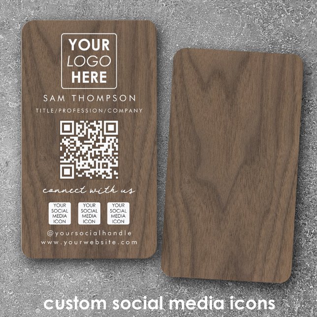 Holzverbindung mit dem QR-Logo der US Social Media Visitenkarte (Wooden Connect with Us Social Media QR Code Logo Business Card)
