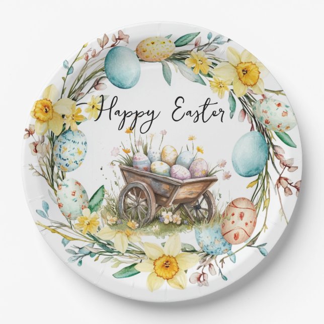 Holzwagen mit dekorativen Eiern Blumenoster Pappteller (Vorderseite)