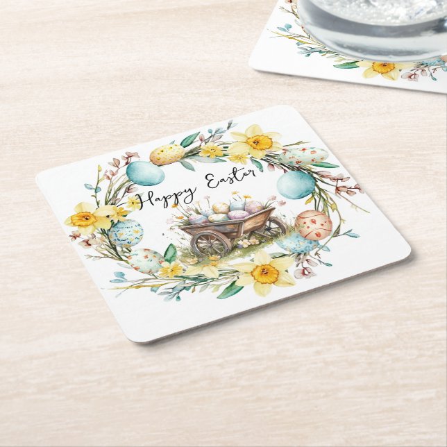 Holzwagen mit dekorativen Eiern Blumenoster Rechteckiger Pappuntersetzer (angewinkelt)