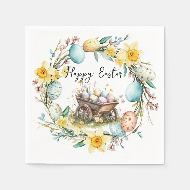 Holzwagen mit dekorativen Eiern Blumenoster Serviette (Vorderseite)