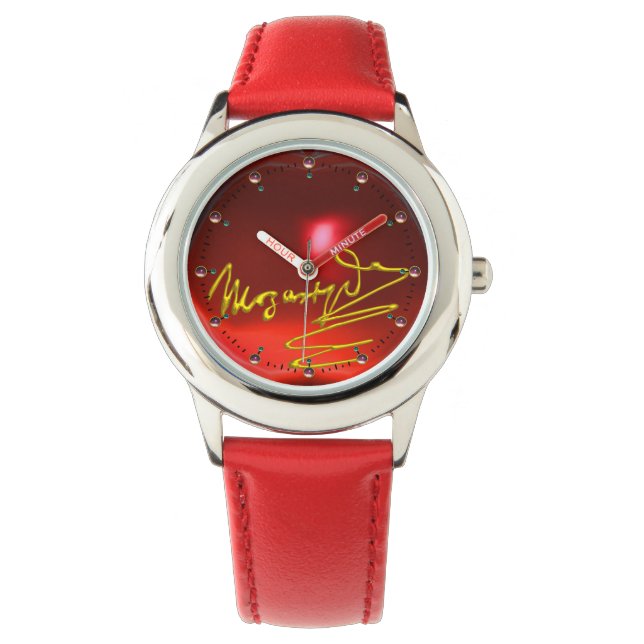 HOMAT AN MOZART Komponist 3D Gold Signatur Rot Armbanduhr (Vorderseite)