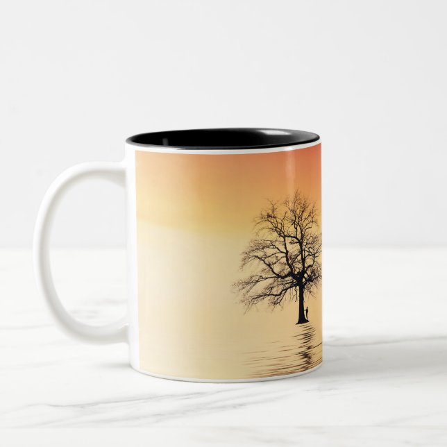 Hombre Árbol Sol Atardecer Ver Agua Rojo Amarillo Zweifarbige Tasse (Links)