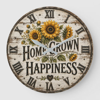 Home Grown Happiness Rustic Sunflower Farmhouse Große Wanduhr