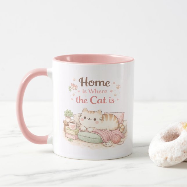 Home is Where The Cat Is Cute Kitty Coffee Pink Tasse (Mit Donut)