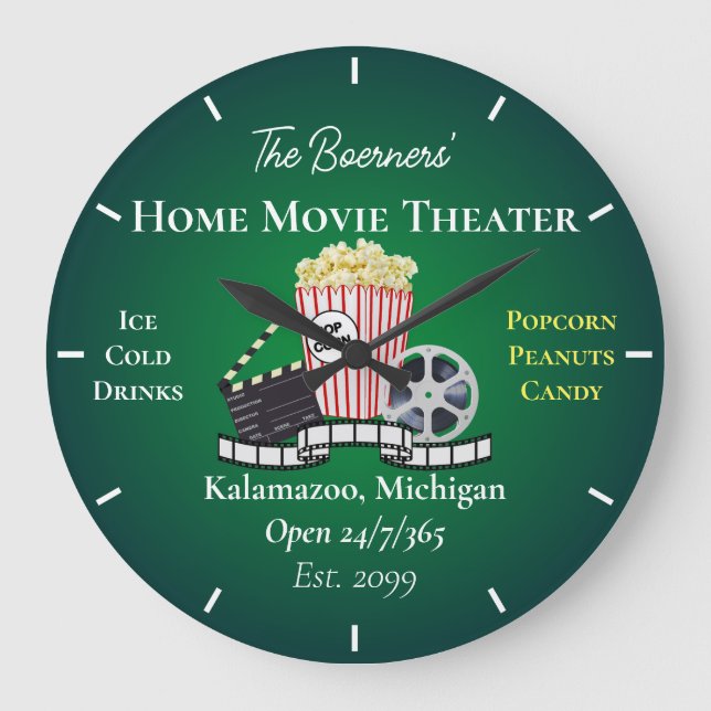 Home Movie Theater Popcorn Clapperboard Film Round Große Wanduhr (Vorderseite)