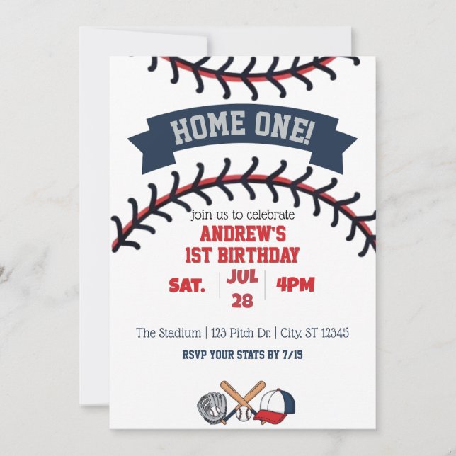 Home One, Baseball 1st Birthday Einladung (Vorderseite)
