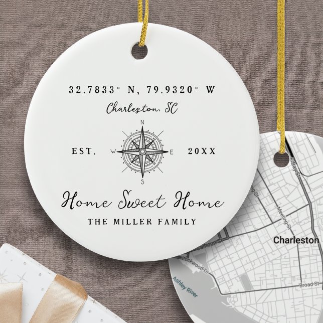 Home Sweet Home Latitude Longitude Personalized Keramik Ornament (Home Sweet Home Ornament Latitude and Longitude Coordinates Personalized Address Custom Location)