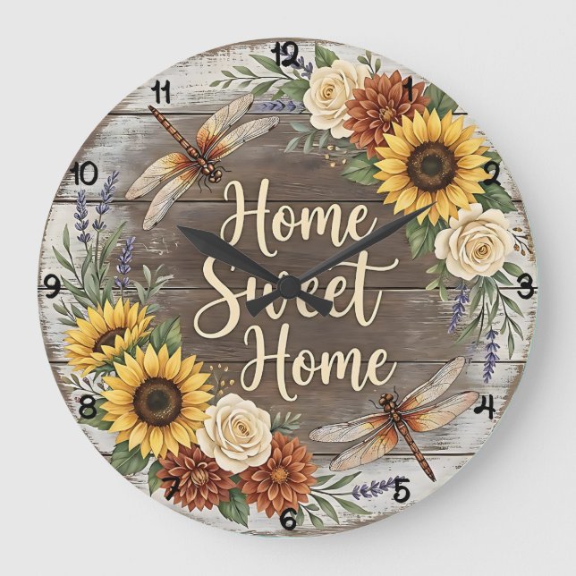 Home Sweet Home Libelle Floral Große Wanduhr (Vorderseite)