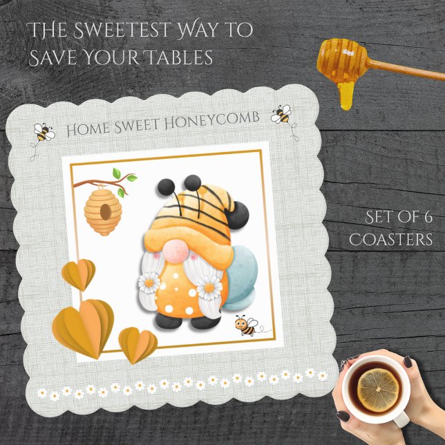 Home Sweet Honeycomb Bee Gnome Coaster Set Untersetzer (Protect your furniture and bring a buzz of joy to your home with this adorable Bee Gnome Coaster)