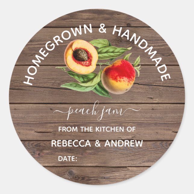 Homegrown & Handmade Peach Jam Barnwood Runder Aufkleber (Vorderseite)