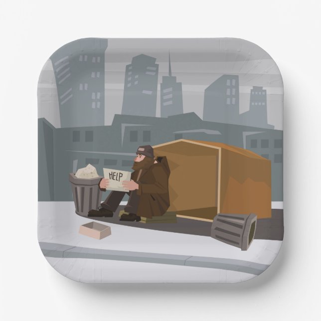 Homeless Man Holding Help Sign Urban Poverty Pappteller (Vorderseite)