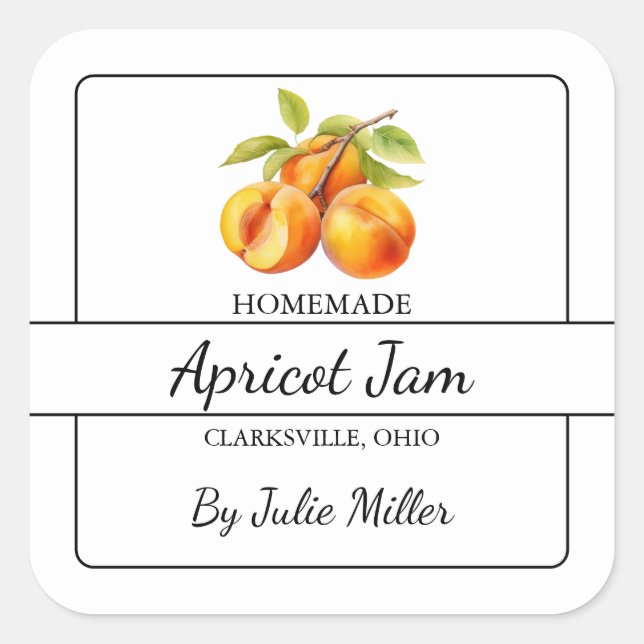 Homemade Apricot Jam Square Label Quadratischer Aufkleber (Vorderseite)