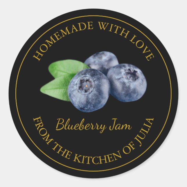 Homemade Blueberry-Jam-Label | Schwarz Runder Aufkleber (Vorderseite)