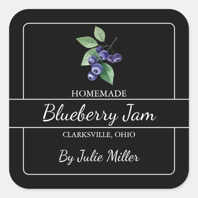 Homemade Blueberry Jam Square Label Black Quadratischer Aufkleber (Vorderseite)