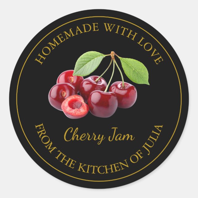 Homemade Cherry Jam Label | Schwarz Runder Aufkleber (Vorderseite)