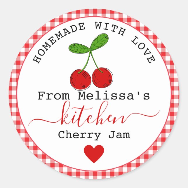 Homemade Cherry Jam Rustic Bauernhof Red Gingham Runder Aufkleber (Vorderseite)