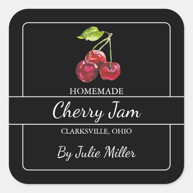 Homemade Cherry Jam Square Black Quadratischer Aufkleber (Vorderseite)