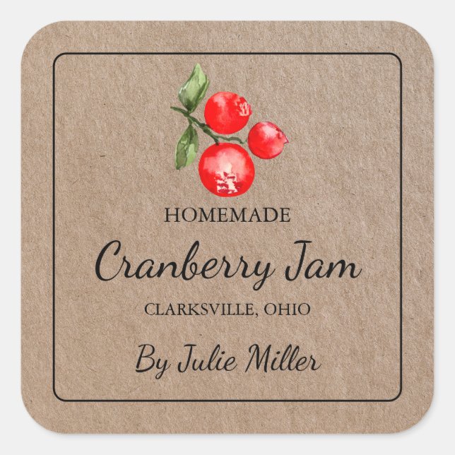 Homemade Cranberry Jam Square Kraft Papier Label Quadratischer Aufkleber (Vorderseite)