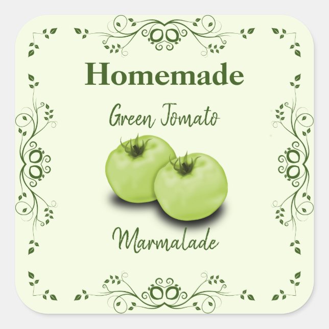 Homemade Green Tomate Marmalade Canning Jay Label Quadratischer Aufkleber (Vorderseite)